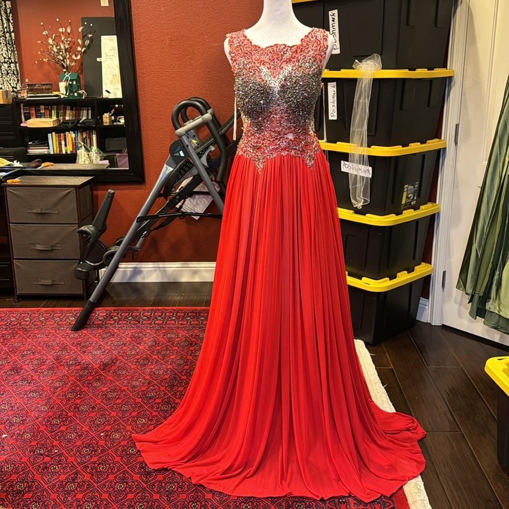 Dark Grey Rhinestone Beaded Red Evening Gown